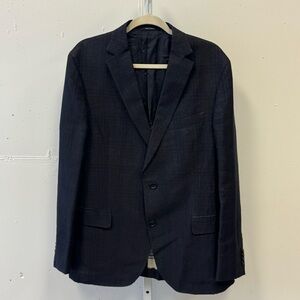 Z‎ Zegna Plaid Cotton Linen Blend Button Blazer Suit Jacket 52R Navy
